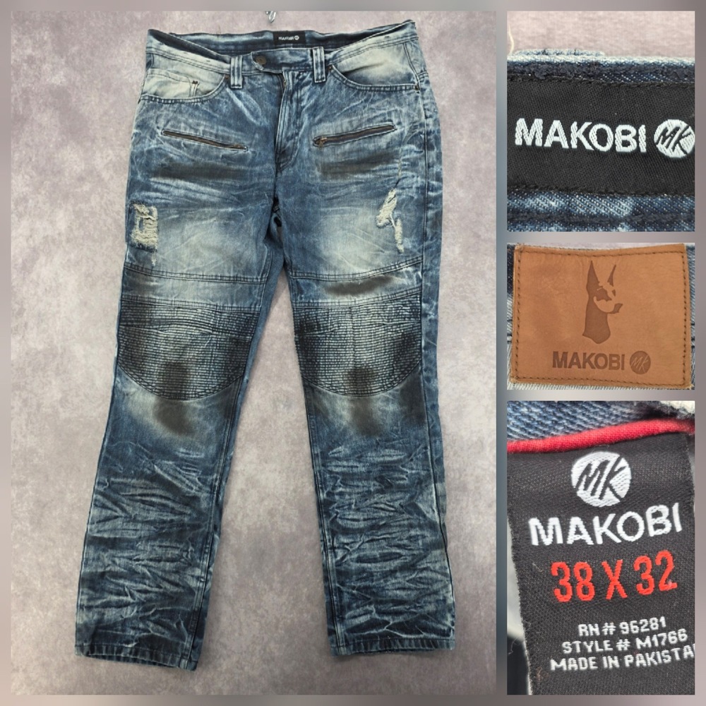 Makobi Mens Distressed Biker Jeans Acid Wash Moto Denim Streetwear Fits 40x33